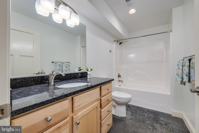 full bathroom with bathtub / shower combination, vanity, and toilet