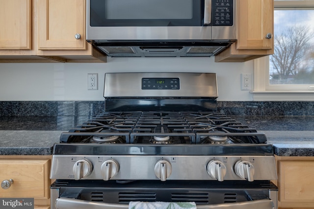 details featuring light brown cabinetry and stainless steel appliances