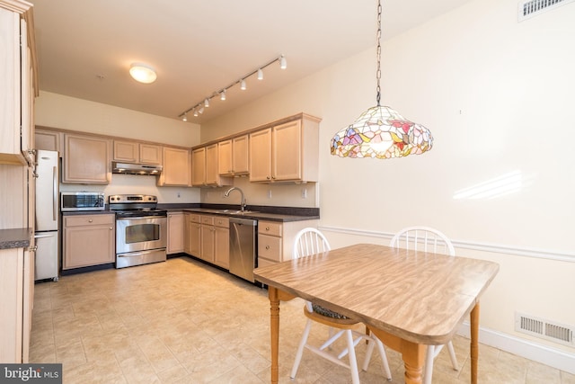 kitchen with hanging light fixtures, appliances with stainless steel finishes, sink, and light brown cabinetry