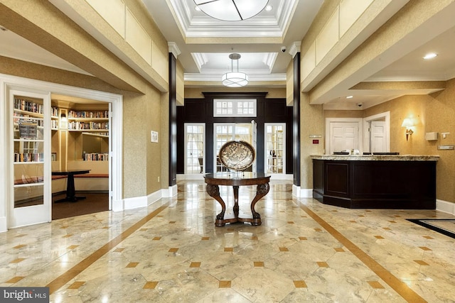 400 Symphony Cir Unit 136E, Cockeysville, MD 21030 - foyer entrance with inlaid floor details, crown molding, recessed lighting, baseboards, and light marble finish flooring