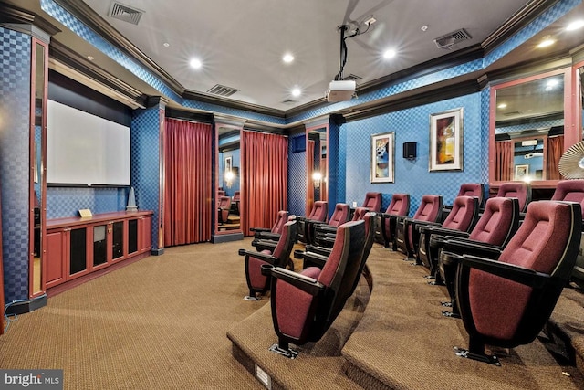 400 Symphony Cir Unit 136E, Cockeysville, MD 21030 - carpeted home theater featuring ornamental molding, wallpapered walls, and recessed lighting
