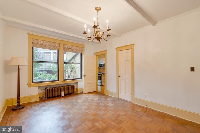 spare room with a chandelier, parquet floors, ornamental molding, radiator, and beam ceiling