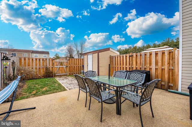 view of patio with a storage shed