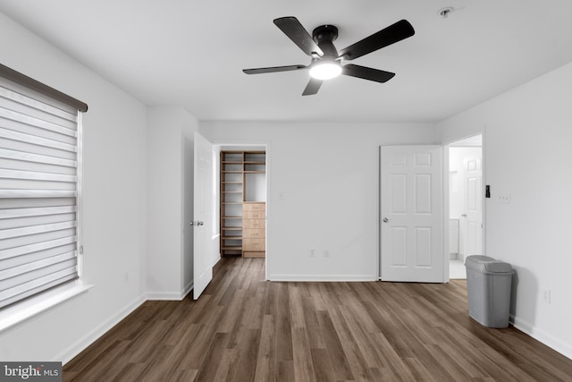 unfurnished bedroom with a walk in closet, dark wood-type flooring, and ceiling fan