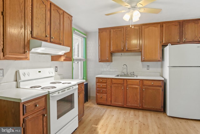 kitchen featuring white appliances, light hardwood / wood-style floors, sink, and backsplash