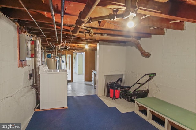 basement with water heater and electric panel