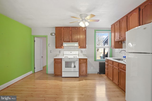 kitchen with sink, radiator heating unit, white appliances, and light hardwood / wood-style floors