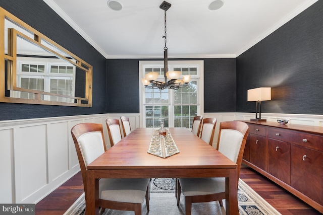 dining room featuring ornamental molding, dark wood-type flooring, and an inviting chandelier