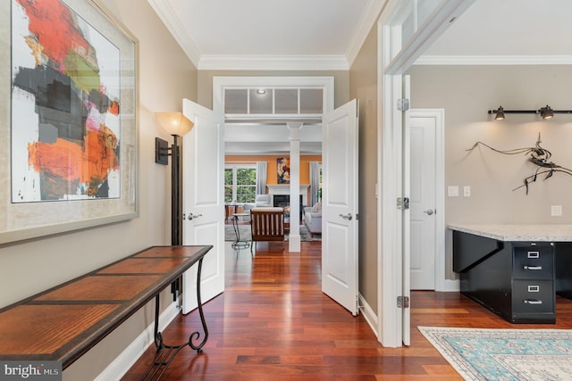 corridor with ornamental molding and dark hardwood / wood-style floors