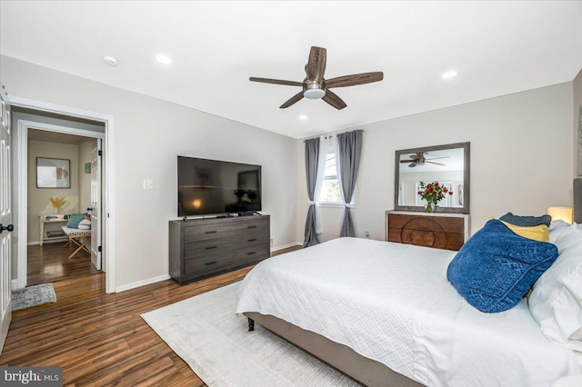 bedroom with ceiling fan, dark wood-style flooring, recessed lighting, and baseboards