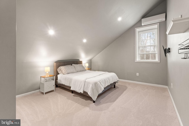 bedroom featuring light carpet, a wall unit AC, and lofted ceiling