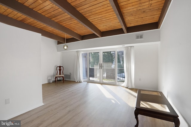 unfurnished living room featuring wood-type flooring, beam ceiling, and wooden ceiling