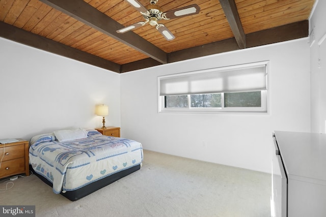 carpeted bedroom with beam ceiling and wooden ceiling