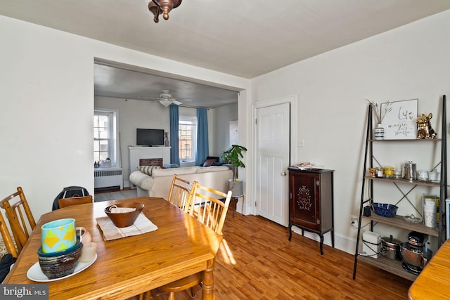 dining room featuring hardwood / wood-style flooring, ceiling fan, and radiator