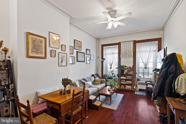 living room with radiator heating unit, crown molding, dark wood-type flooring, and ceiling fan