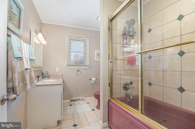 full bathroom with combined bath / shower with glass door, tile patterned flooring, vanity, toilet, and crown molding