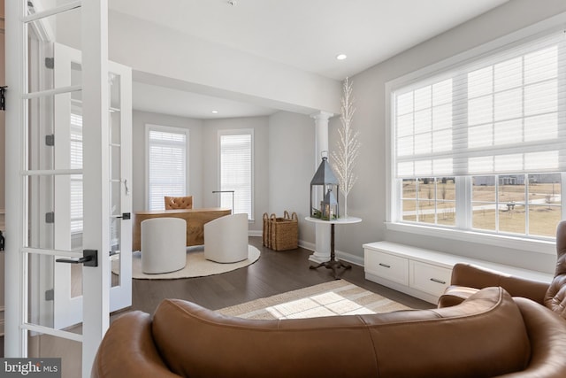 living room featuring decorative columns, hardwood / wood-style flooring, a healthy amount of sunlight, and french doors