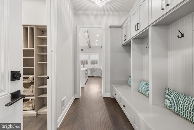 mudroom with dark hardwood / wood-style floors