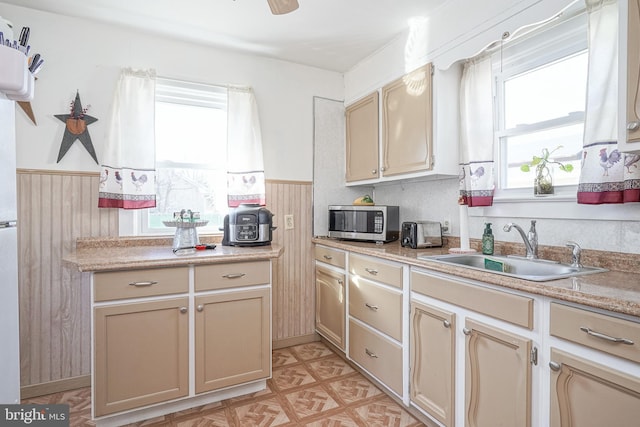 kitchen with light countertops, stainless steel microwave, and a sink