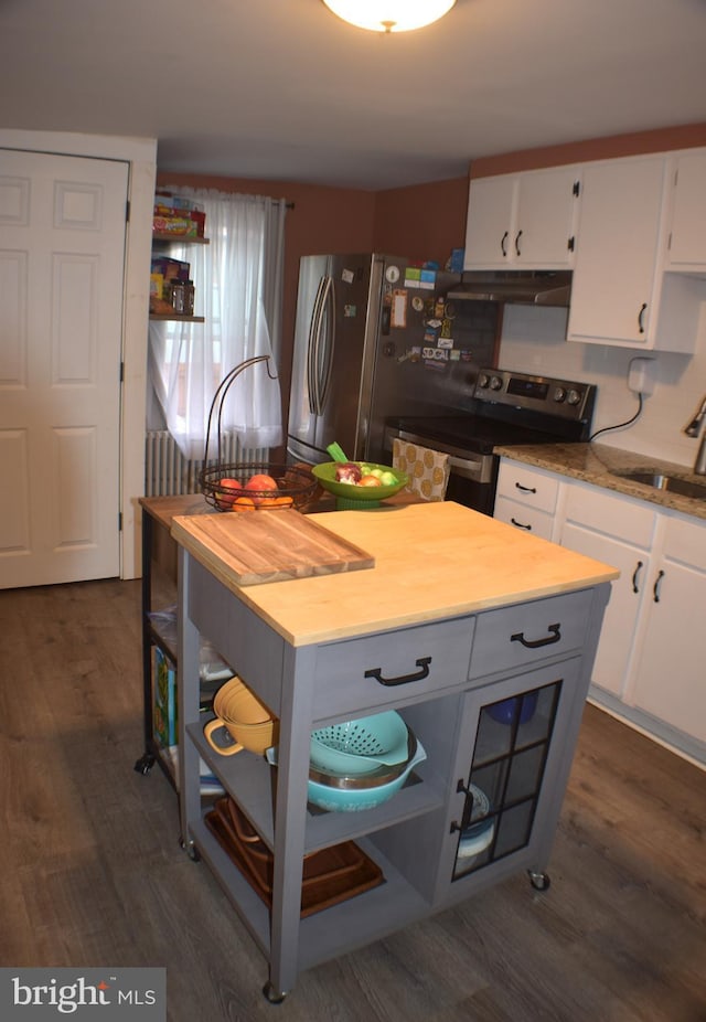 kitchen with under cabinet range hood, stainless steel appliances, a sink, white cabinetry, and dark wood-style floors