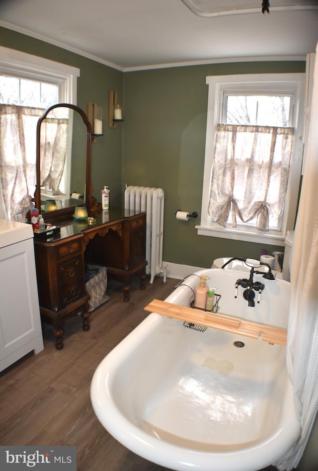 bathroom featuring a freestanding tub, wood finished floors, vanity, ornamental molding, and radiator