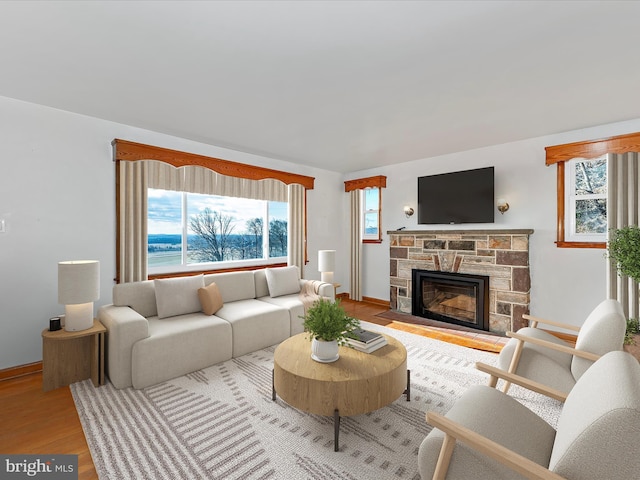 living room with hardwood / wood-style flooring and a stone fireplace