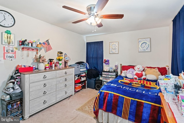 carpeted bedroom featuring ceiling fan