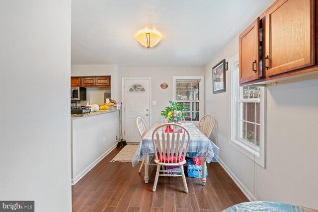 dining area with dark wood-type flooring