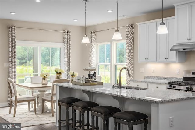 kitchen with hanging light fixtures, a kitchen island with sink, sink, and white cabinets