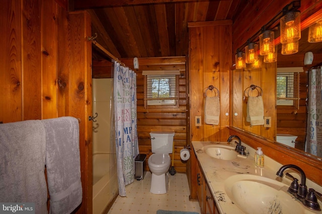 full bathroom featuring shower / bath combo, rustic walls, vanity, wooden ceiling, and toilet