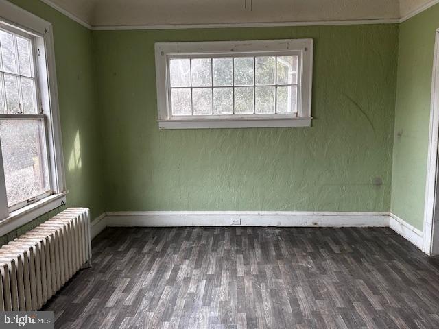 unfurnished room with radiator heating unit and dark hardwood / wood-style flooring