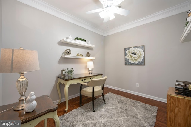 home office with crown molding, ceiling fan, wood finished floors, and baseboards