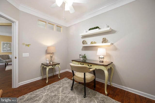 home office featuring crown molding, baseboards, ceiling fan, and wood finished floors