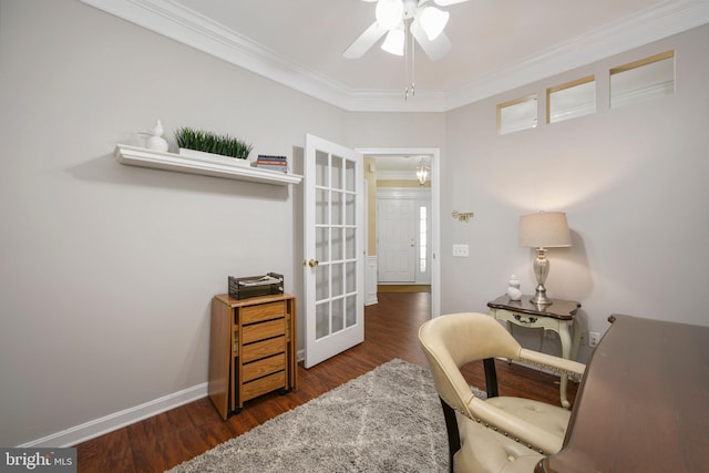 office area with ceiling fan, wood finished floors, baseboards, french doors, and ornamental molding