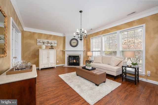 living room featuring dark wood-style floors, a fireplace, visible vents, and ornamental molding