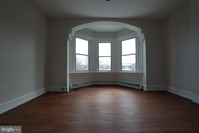 empty room with a baseboard radiator and dark hardwood / wood-style floors