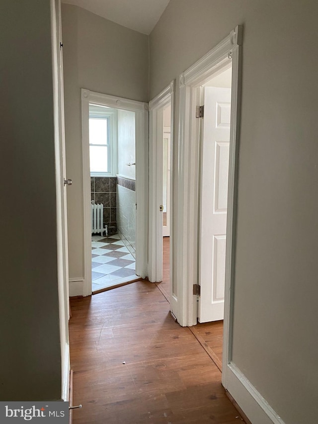 hallway featuring radiator heating unit and light hardwood / wood-style flooring