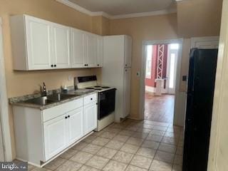 kitchen featuring white cabinetry, ornamental molding, and white electric range oven