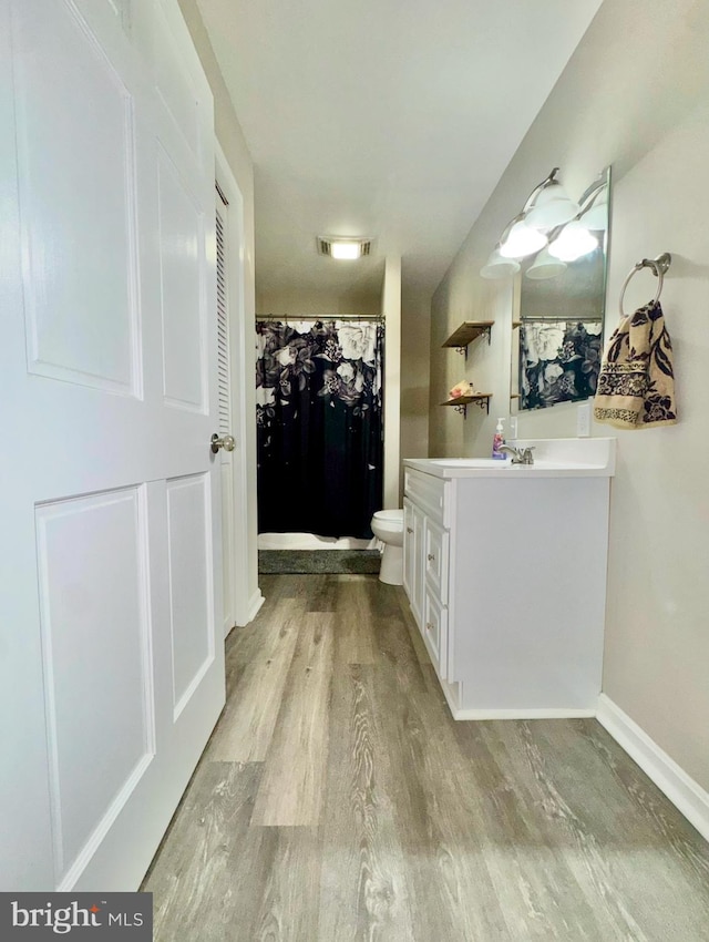 bathroom with vanity, wood-type flooring, and toilet