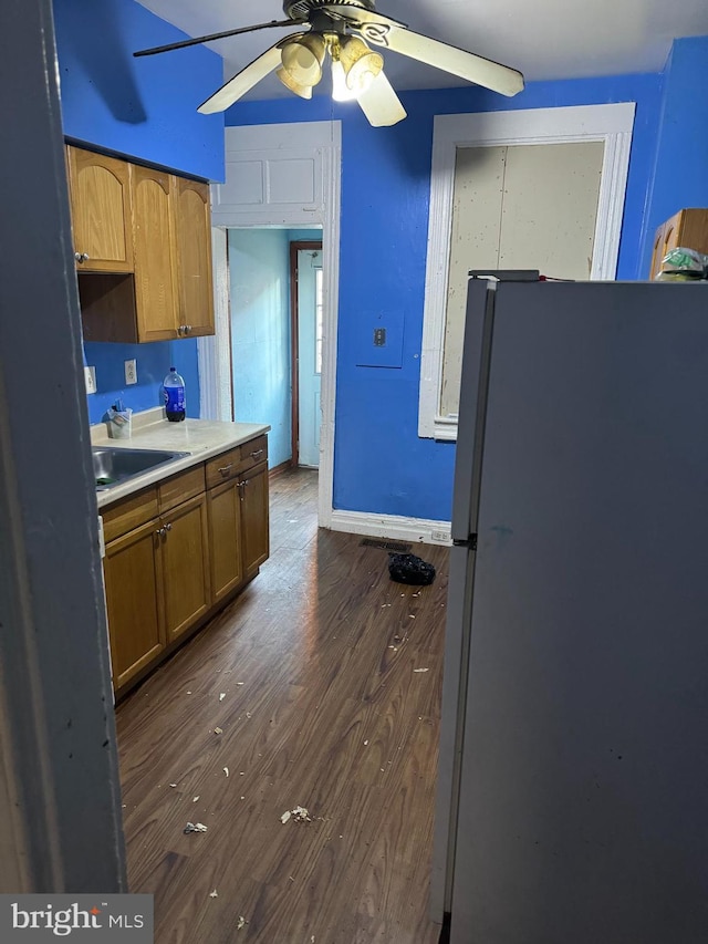 kitchen featuring dark hardwood / wood-style flooring, sink, ceiling fan, and white fridge