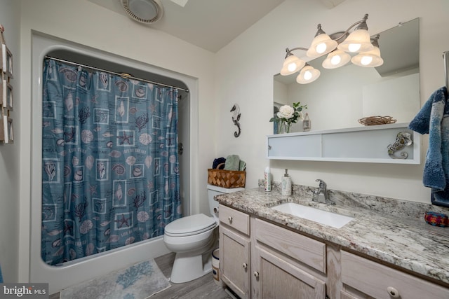 bathroom with vanity, hardwood / wood-style flooring, toilet, and walk in shower