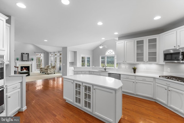 kitchen featuring white cabinetry, stainless steel appliances, and light wood-type flooring