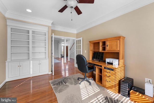 home office featuring ornamental molding, dark hardwood / wood-style floors, and ceiling fan