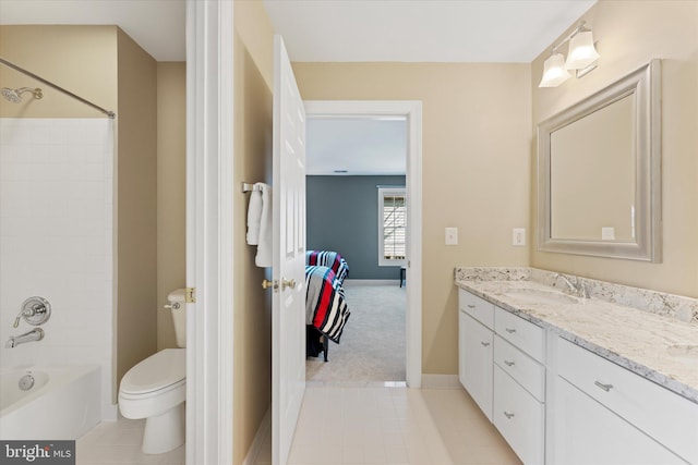 full bathroom featuring vanity,  shower combination, tile patterned floors, and toilet