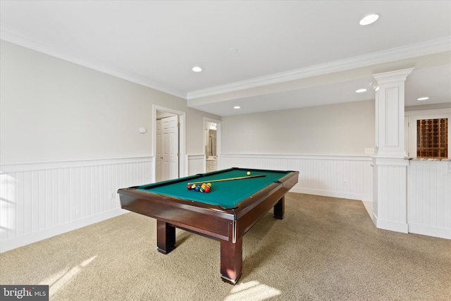 playroom featuring ornate columns, crown molding, carpet, and billiards