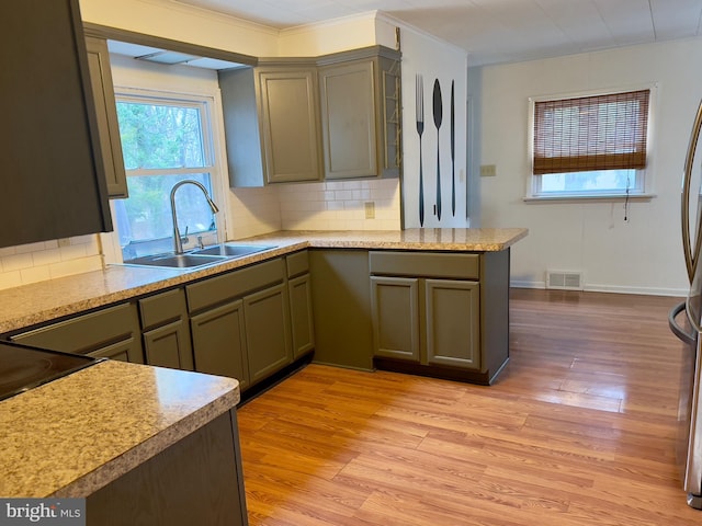 kitchen featuring tasteful backsplash, sink, crown molding, and light hardwood / wood-style floors