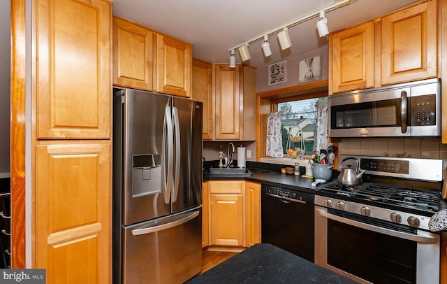 kitchen featuring stainless steel appliances, tasteful backsplash, and sink