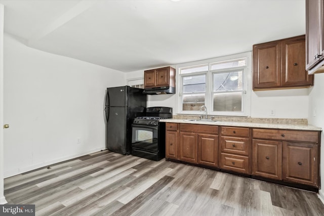 kitchen with sink, light hardwood / wood-style floors, and black appliances