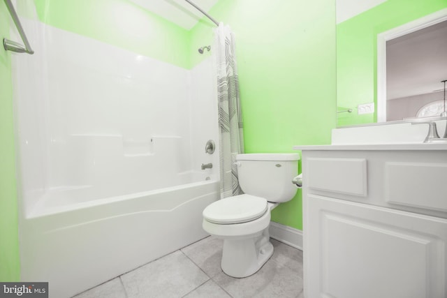 full bathroom with shower / tub combo, vanity, tile patterned flooring, and toilet