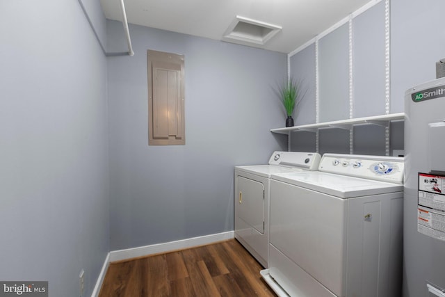 laundry room with laundry area, attic access, washer and clothes dryer, dark wood-style floors, and electric water heater